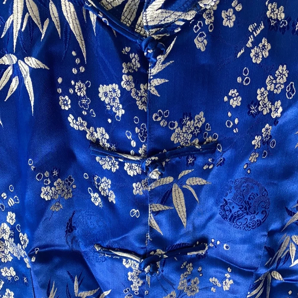 Asian Style Kimono Royal Blue White Flowers SILK Polyester Short Sleeve Sz M Top - Picture 6 of 9